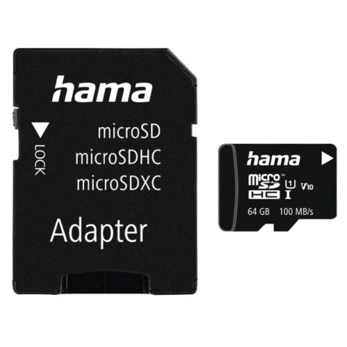Hama 64GB MicroSDXC Card with SD Adapter, Class 10 UHS-I, V10, 100MB/s