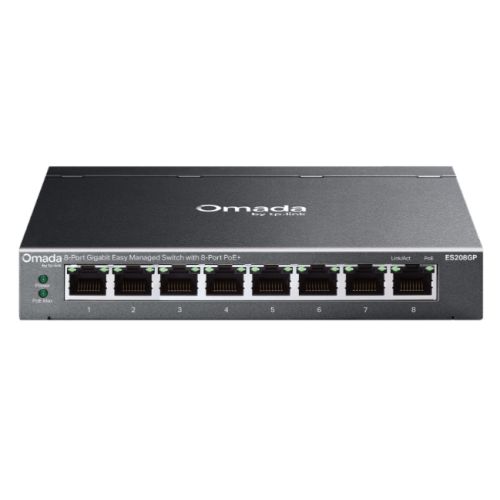 TP-LINK (ES208GP) Omada 8-Port Gigabit Easy Managed Switch with 8-Port PoE+, Fanless, Metal Casing