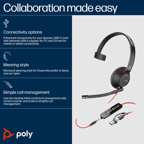 POLY BW5210 MONAURAL USB-C/A (BULK)