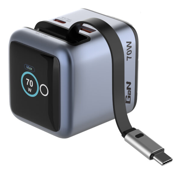 Verbatim Mini GaN Charger 70W Retractable USB-C Cable & Display, USB-C Port, USB-A Port