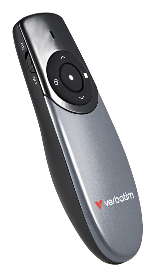 Verbatim Focus Wireless Presenter With Red Laser Pointer, Wireless Operating Distance Up To 30 Metres, USB-A Receiver With USB-C Adapter Included, Plug And Play, Grey