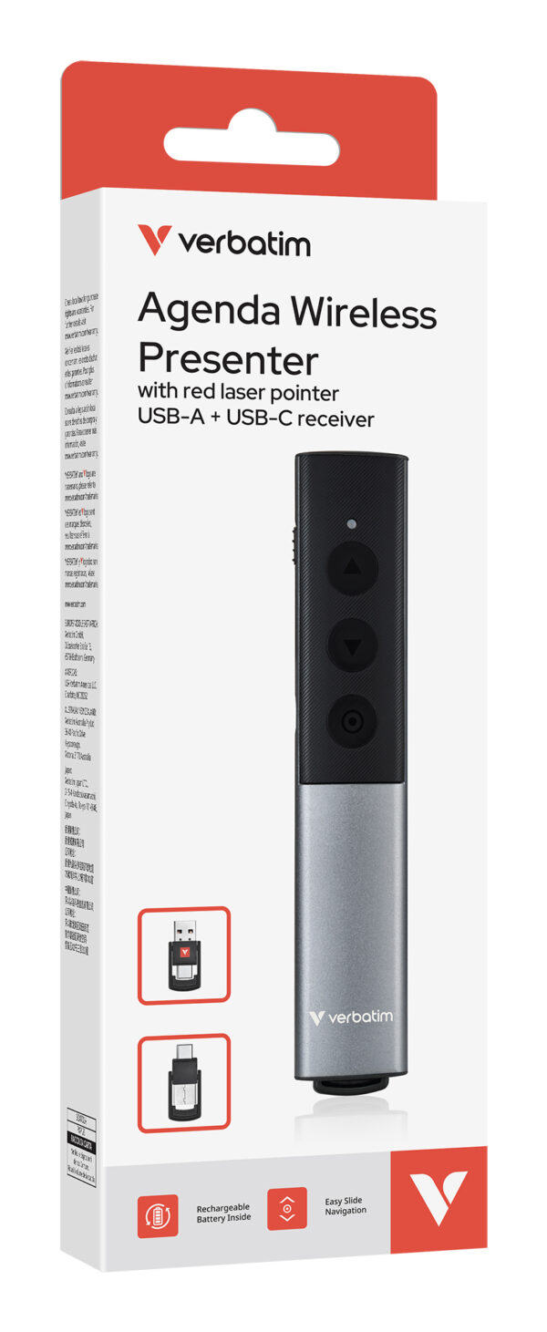 Verbatim Agenda Wireless Presenter With Red Laser Pointer, Up To 100m Wireless Range, Dual USB-A and USB-C Receiver For Universal Compatibility, Plug And Play, Grey / Black