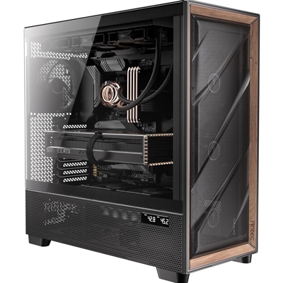 Antec FLUX PRO Black/Walnut Wood Full Tower Gaming PC Case, 4mm Tempered Glass Side Panel, Multi-Directional Airflow, 6 Pre-Installed PWM Fans, USB-C 10Gbps, 2 x USB 3.0, E-ATX, ATX, Micro-ATX and Mini-ITX Compatible