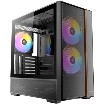 Antec FLUX Rear Mid Tower Gaming Case, 1 x USB Type-C / 2 x USB 3.0, Tempered Glass Side Window Panel, Multi-directional Vent Design, Walnut Wood Accents, 3 x Pre-Installed High-Performance PWM Fans , E-ATX (=330mm), ATX, Micro-ATX, ITX Compatible