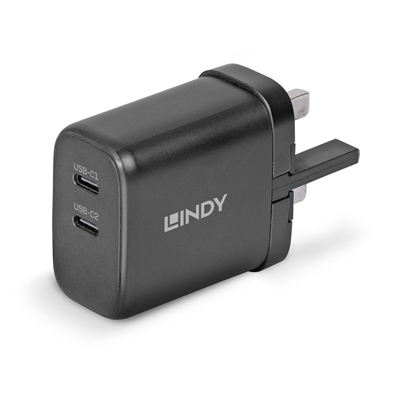 Lindy 65W USB 2 x Type C GaN Charger, Input UK Plug, Output 2 x USB Type C Female, Black