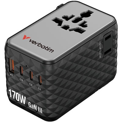 Verbatim Charge 'n' Travel 170W Universal Travel Adapter Black, Charge Up To 6 Devices AT Once