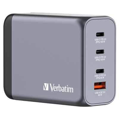 Verbatim GNC-200 GaN Charger 200W with 2 x USB-C PD 100W / 1 x USB-C PD 65W / 1 x USB QC 3.0 (EU/UK/US)