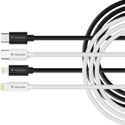 Verbatim Essentials Sync & Charge USB-C to Lightning Cables (2 pack) Black & White, 1m, 27W PD, 480Mbps, USB Power Delivery 3.0 Supports Up To 27W Charging Power