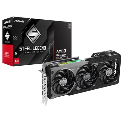 ASRock AMD Radeon RX 9070 XT Steel Legend Dark 16GB GDDR6 Graphics Card, 4096 Streams, 2970 MHz Boost Clock, Triple Fan, 3x DisplayPorts / 1x HDMI Port