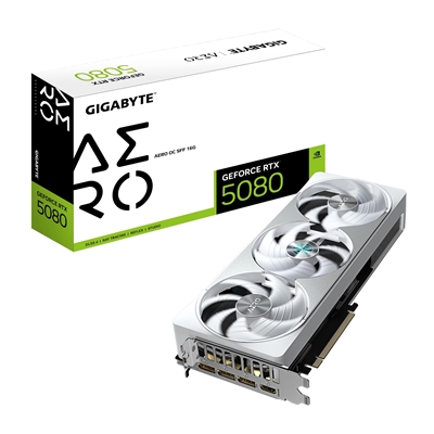 Gigabyte NVIDIA GeForce RTX 5080 AERO OC SFF 16GB GDDR7 Graphics Card, 10752 CUDA Cores, 2730 MHz Core Clock, Triple Fan, White, RGB, 3x DisplayPorts / 1x HDMI Port