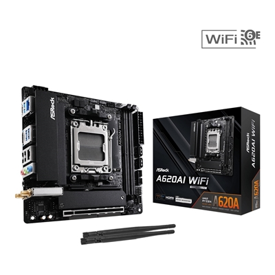 ASRock A620AI WIFI AMD AM5 Socket Motherboard, Mini-ITX, 2x DDR5 Slots, 2x M.2 Sockets, 2.5GbE LAN, Wi-Fi 6E, 1x HDMI Port