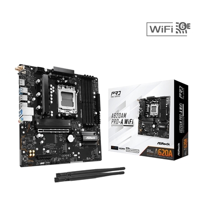ASRock A620AM PRO-A WIFI AMD AM5 Socket Motherboard, Micro-ATX, 4x DDR5 Slots, 3x M.2 Sockets, 2.5GbE LAN, Wi-Fi 6E, 1x HDMI Port