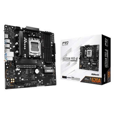 ASRock A620AM PRO-A AMD AM5 Socket Motherboard, Micro-ATX, 4x DDR5 Slots, 3x M.2 Sockets, 2.5GbE LAN, 1x HDMI Port