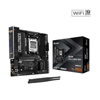 ASRock B850M Challenger WiFi AMD AM5 Socket Motherboard, Micro-ATX, 4x DDR5 Slots, 2x M.2 Sockets, Fitted I/O Shield, 2.5GbE LAN, Wi-Fi 7, 1x HDMI Port