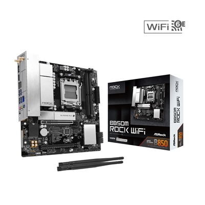 ASRock B850M Rock WiFi AMD AM5 Socket Motherboard, Micro-ATX, 2x DDR5 Slots, 2x M.2 Sockets, Fitted I/O Shield, 2.5GbE LAN, Wi-Fi 6E, 1x DisplayPort / 1x HDMI Port