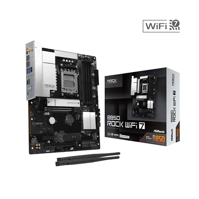 ASRock B850 Rock WiFi 7 AMD AM5 Socket Motherboard, ATX, 4x DDR5 Slots, 2x M.2 Sockets, Fitted I/O Shield, 2.5GbE LAN, Wi-Fi 7, 1x HDMI Port