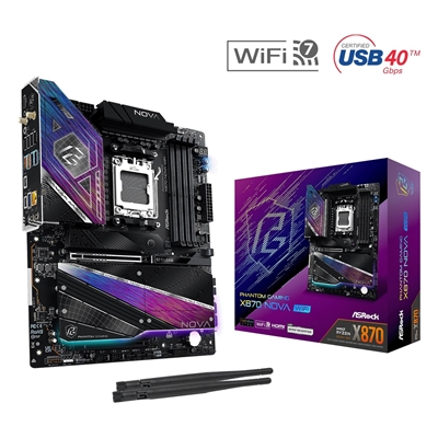 ASRock PHANTOM GAMING X870 Nova WiFi AMD AM5 Socket Motherboard, ATX, 4x DDR5 Slots, 5x M.2 Sockets, 5GbE LAN, Wi-Fi 7, 1x HDMI Port / 1x USB-C (USB4)