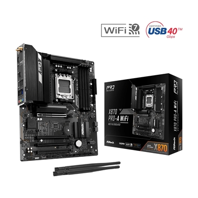 ASRock X870 Pro-A WiFi AMD AM5 Socket Motherboard, ATX, 4x DDR5 Slots, 3x M.2 Sockets, 2.5GbE LAN, Wi-Fi 7, 1x HDMI Port / 2x USB-C (USB4)