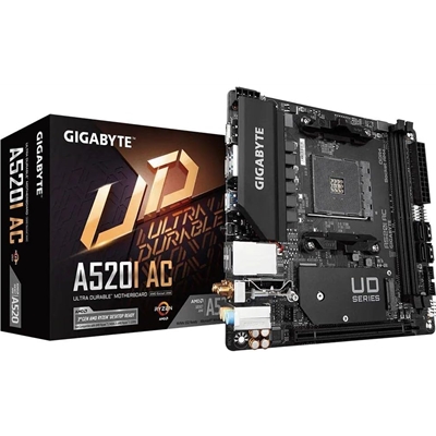 Gigabyte A520I AC Ultra Durable AMD AM4 Socket Motherboard, Mini-ITX, 2x DDR4 Slots, 1x M.2 Socket, GbE LAN, Wi-Fi 5, 1x DisplayPort / 2x HDMI Ports