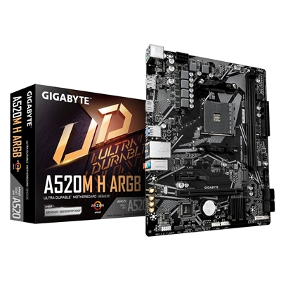 Gigabyte A520M H ARGB AMD AM4 Socket Motherboard, Micro-ATX, 2x DDR4 Slots, 1x M.2 Socket, GbE LAN, 1x DisplayPort / 1x HDMI Port