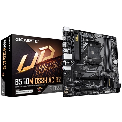 Gigabyte B550M DS3H AC R2 Ultra Durable AMD AM4 Socket Motherboard, Micro-ATX, 4x DDR4 Slots, 2x M.2 Sockets, GbE LAN, Wi-Fi 5, 1x DisplayPort / 1x HDMI Port