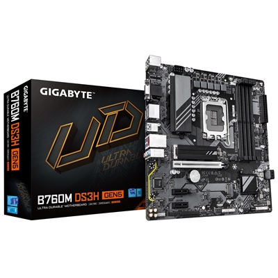 Gigabyte B760M DS3H GEN5 Intel 1700 Socket Motherboard, Micro-ATX, 4x DDR5 Slots, 2x M.2 Sockets, 2.5GbE LAN, 1x D-Sub / 1x DisplayPort / 1x HDMI Port