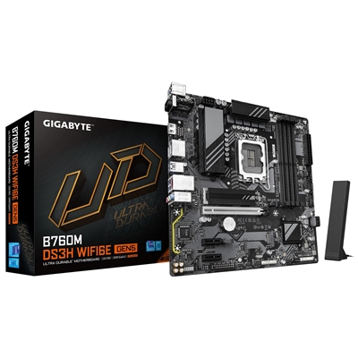 Gigabyte B760M DS3H WIFI6E GEN5 Intel 1700 Socket Motherboard, Micro-ATX, 4x DDR5 Slots, 2x M.2 Sockets, 2.5GbE LAN, Wi-Fi 6E, 1x HDMI Port / 2x DisplayPorts