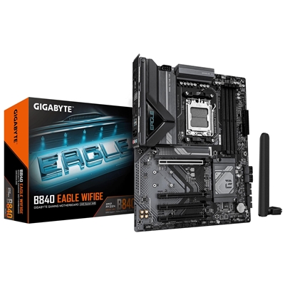 Gigabyte B840 EAGLE WIFI6E AMD AM5 Socket Motherboard, ATX, 4x DDR5 Slots, 3x M.2 Sockets, Fitted I/O Shield, 2.5GbE LAN, Wi-Fi 6E, 1x DisplayPort / 1x HDMI Port