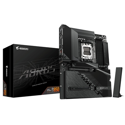 Gigabyte B850 AORUS STEALTH AMD AM5 Socket Motherboard, ATX, 4x DDR5 Slots, 3x M.2 Sockets, Fitted I/O Shield, 5GbE LAN, Wi-Fi 7, 1x HDMI Port