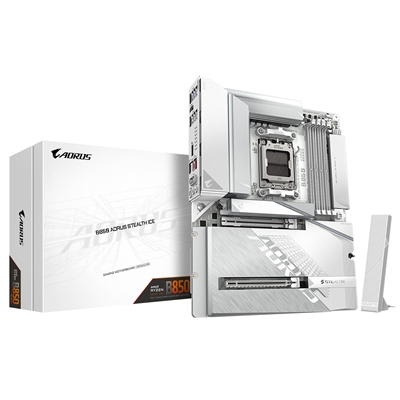 Gigabyte B850 AORUS STEALTH ICE AMD AM5 Socket Motherboard, ATX, 4x DDR5 Slots, 3x M.2 Sockets, Fitted I/O Shield, 5GbE LAN, Wi-Fi 7, 1x HDMI Port