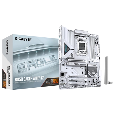 Gigabyte B850 EAGLE WIFI7 ICE AMD AM5 Socket Motherboard, ATX, 4x DDR5 Slots, 3x M.2 Sockets, Fitted I/O Shield, 2.5GbE LAN, Wi-Fi 7, 1x DisplayPort / 1x HDMI Port