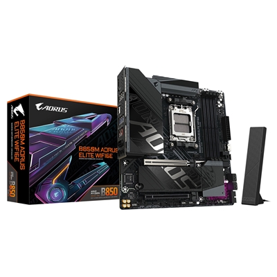 Gigabyte B850M AORUS ELITE WIFI6E AMD AM5 Socket Motherboard, Micro-ATX, 4x DDR5 Slots, 2x M.2 Sockets, Fitted I/O Shield, 2.5GbE LAN, Wi-Fi 6E, 1x DisplayPort