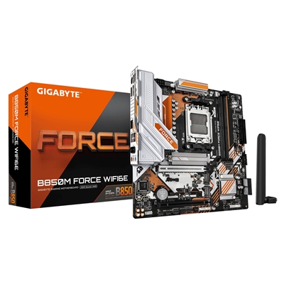 Gigabyte B850M FORCE WIFI6E AMD AM5 Socket Motherboard, Micro-ATX, 2x DDR5 Slots, 3x M.2 Sockets, Fitted I/O Shield, 2.5GbE LAN, Wi-Fi 6E, 1x DisplayPort / 1x HDMI Port