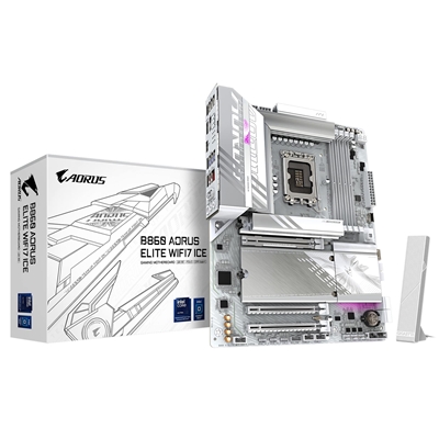 Gigabyte B860 AORUS ELITE WIFI7 ICE Intel 1851 Socket Motherboard, ATX, 4x DDR5 Slots, 3x M.2 Sockets, Fitted I/O Shield, 2.5GbE LAN, Wi-Fi 7, 1x DisplayPort / 2x HDMI Ports / 1x USB-C (USB4)
