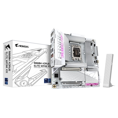 Gigabyte B860M AORUS ELITE WIFI6E ICE Intel 1851 Socket Motherboard, Micro-ATX, 4x DDR5 Slots, 3x M.2 Sockets, Fitted I/O Shield, 2.5GbE LAN, Wi-Fi 6E, 1x DisplayPort / 1x HDMI Port / 1x USB-C (USB4)