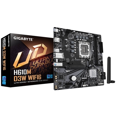 Gigabyte H610M D3W WIFI6 (Rev. 1.1) Intel 1700 Socket Motherboard, Micro-ATX, 2x DDR5 Slots, 1x M.2 Socket, GbE LAN, Wi-Fi 6, 1x DisplayPort / 1x HDMI Port