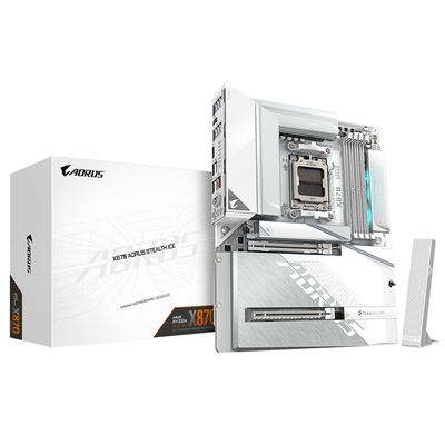Gigabyte X870 AORUS STEALTH ICE AMD AM5 Socket Motherboard, ATX, 4x DDR5 Slots, 4x M.2 Sockets, 5GbE LAN, Wi-Fi 7, 1x HDMI Port / 2x USB-C (USB4)