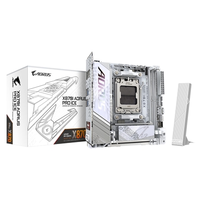 Gigabyte X870I AORUS PRO ICE AMD AM5 Socket Motherboard, Mini-ITX, 2x DDR5 Slots, 2x M.2 Sockets, Fitted I/O Shield, 2.5GbE LAN, Wi-Fi 7, 1x HDMI Port / 1x USB-C (USB4)
