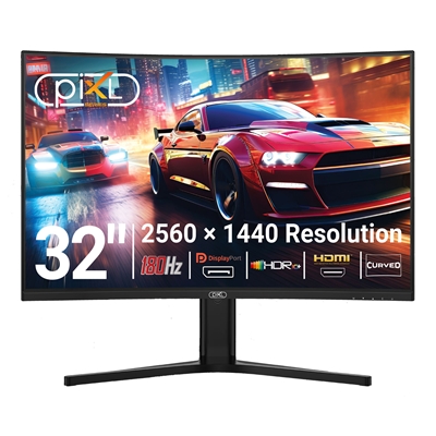 piXL X-Series GS32QIDPHA 32 Inch QHD IPS, Curved (1500R) Gaming Monitor with 180Hz Refresh Rate, 2560 x 1440 Resolution, 1ms Response Time, HDR10+, Adaptive Sync, 2x HDMI 2.0 & 2x DisplayPort 1.4, Height Adjustable