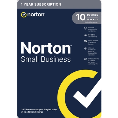 Norton Small Business, Antivirus Software, 10 Devices, 1-year Subscription, Includes 250GB of Cloud Storage, Dark Web Monitoring, Private Browser, 24/7 Business Support, Activation Code by email - ESD