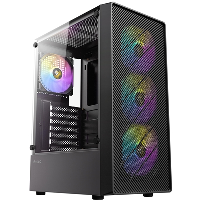 Antec AX26 RGB Elite Mid Tower Gaming Case, 1 x USB 3.0 / 2 x USB 2.0, Tempered Glass Side Window Panel, High Airflow Front Pannel, 4 x Pre-Installed ARGB LED Fans, ATX, Micro-ATX, ITX Compatible